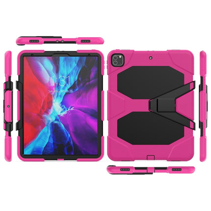 For iPad Pro 12.9 inch (2020) Shockproof Colorful Silicon + PC Protective Tablet Case with Holder & Shoulder Strap & Hand Strap (Rose Red)-garmade.com