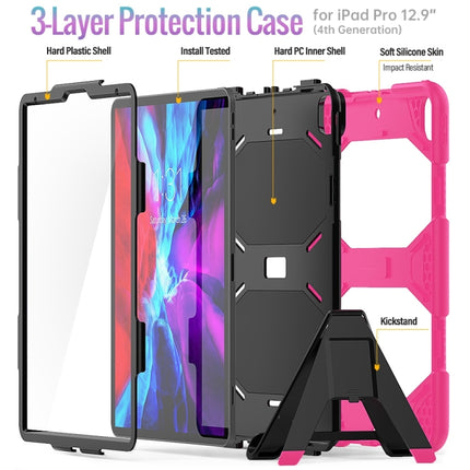 For iPad Pro 12.9 inch (2020) Shockproof Colorful Silicon + PC Protective Tablet Case with Holder & Shoulder Strap & Hand Strap (Rose Red)-garmade.com
