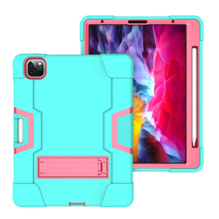 For iPad Pro 11 inch 2021 / 2020 Contrast Color Robot Shockproof Silicon + PC Protective Tablet Case with Holder & Pen Slot(Mint Green + Rose Red)-garmade.com