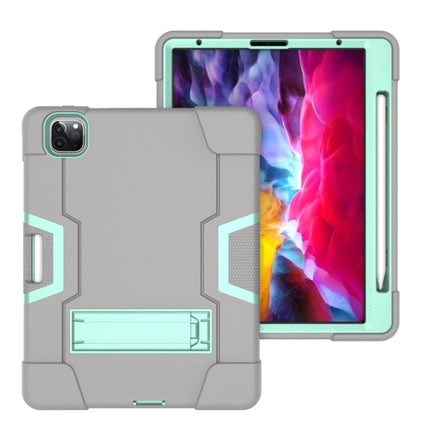 For iPad Pro 11 inch 2021 / 2020 Contrast Color Robot Shockproof Silicon + PC Protective Tablet Case with Holder & Pen Slot(Grey + Mint Green)-garmade.com
