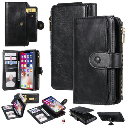 For iPhone X / XS Multifunctional Retro Detachable Magnetic Horizontal Flip Leather Case with Card Slots & Holder & Wallet & Photo Frame(Black)-garmade.com