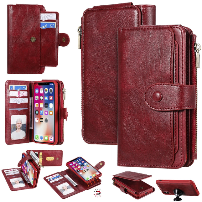 For iPhone X / XS Multifunctional Retro Detachable Magnetic Horizontal Flip Leather Case with Card Slots & Holder & Wallet & Photo Frame(Red)-garmade.com