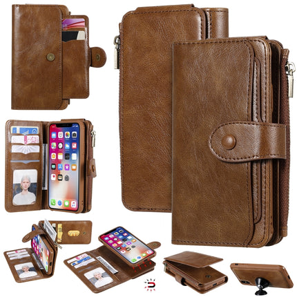 For iPhone X / XS Multifunctional Retro Detachable Magnetic Horizontal Flip Leather Case with Card Slots & Holder & Wallet & Photo Frame(Brown)-garmade.com