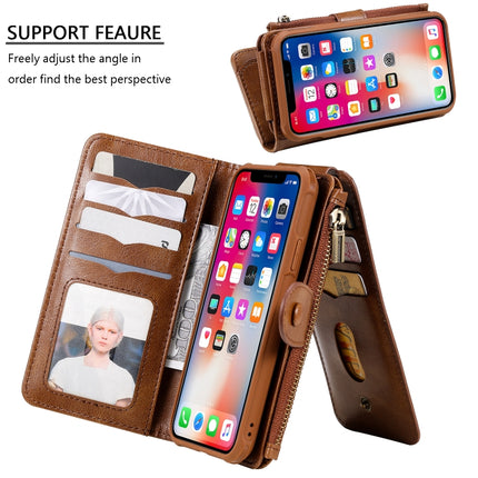 For iPhone X / XS Multifunctional Retro Detachable Magnetic Horizontal Flip Leather Case with Card Slots & Holder & Wallet & Photo Frame(Brown)-garmade.com