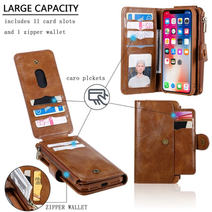 For iPhone X / XS Multifunctional Retro Detachable Magnetic Horizontal Flip Leather Case with Card Slots & Holder & Wallet & Photo Frame(Brown)-garmade.com