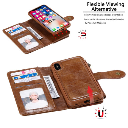 For iPhone X / XS Multifunctional Retro Detachable Magnetic Horizontal Flip Leather Case with Card Slots & Holder & Wallet & Photo Frame(Brown)-garmade.com