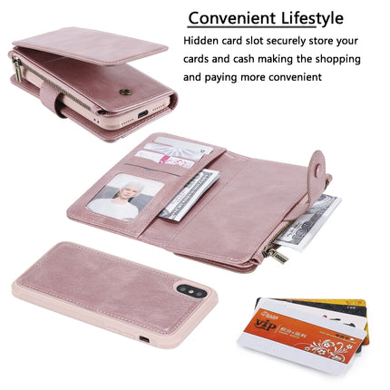 For iPhone X / XS Multifunctional Retro Detachable Magnetic Horizontal Flip Leather Case with Card Slots & Holder & Wallet & Photo Frame(Rose Gold)-garmade.com