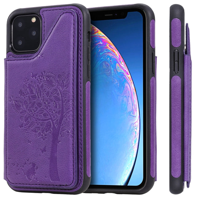 For iPhone 11 Pro Cat Tree Embossing Pattern Shockproof Protective Case with Card Slots & Photo Frame & Holder(Purple)-garmade.com