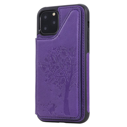 For iPhone 11 Pro Cat Tree Embossing Pattern Shockproof Protective Case with Card Slots & Photo Frame & Holder(Purple)-garmade.com