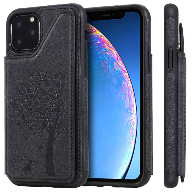 For iPhone 11 Pro Cat Tree Embossing Pattern Shockproof Protective Case with Card Slots & Photo Frame & Holder(Black)-garmade.com