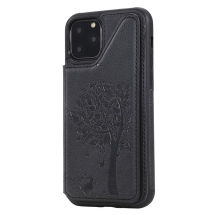 For iPhone 11 Pro Cat Tree Embossing Pattern Shockproof Protective Case with Card Slots & Photo Frame & Holder(Black)-garmade.com