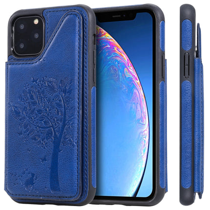 For iPhone 11 Pro Cat Tree Embossing Pattern Shockproof Protective Case with Card Slots & Photo Frame & Holder(Blue)-garmade.com