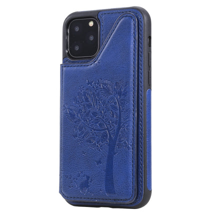 For iPhone 11 Pro Cat Tree Embossing Pattern Shockproof Protective Case with Card Slots & Photo Frame & Holder(Blue)-garmade.com