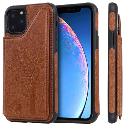 For iPhone 11 Pro Cat Tree Embossing Pattern Shockproof Protective Case with Card Slots & Photo Frame & Holder(Brown)-garmade.com