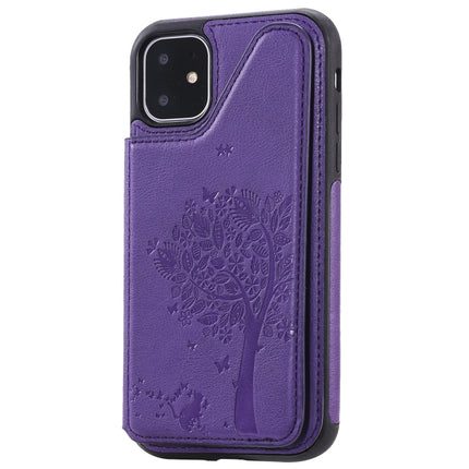 For iPhone 11 Cat Tree Embossing Pattern Shockproof Protective Case with Card Slots & Photo Frame & Holder(Purple)-garmade.com