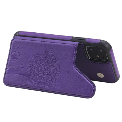 For iPhone 11 Cat Tree Embossing Pattern Shockproof Protective Case with Card Slots & Photo Frame & Holder(Purple)-garmade.com