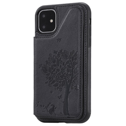 For iPhone 11 Cat Tree Embossing Pattern Shockproof Protective Case with Card Slots & Photo Frame & Holder(Black)-garmade.com