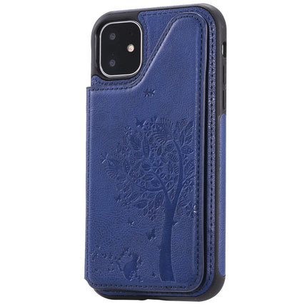 For iPhone 11 Cat Tree Embossing Pattern Shockproof Protective Case with Card Slots & Photo Frame & Holder(Blue)-garmade.com