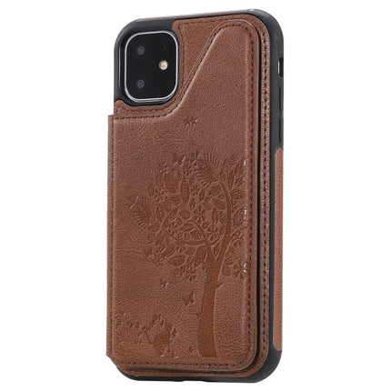 For iPhone 11 Cat Tree Embossing Pattern Shockproof Protective Case with Card Slots & Photo Frame & Holder(Brown)-garmade.com
