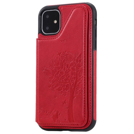 For iPhone 11 Cat Tree Embossing Pattern Shockproof Protective Case with Card Slots & Photo Frame & Holder(Red)-garmade.com