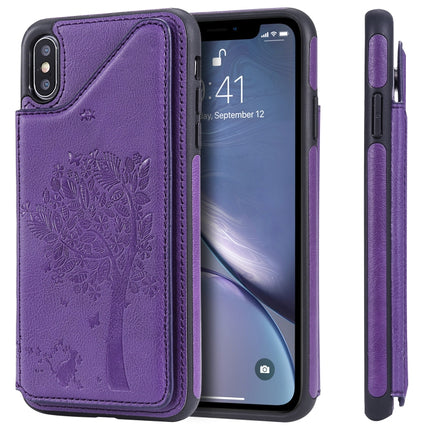 For iPhone XS Max Cat Tree Embossing Pattern Shockproof Protective Case with Card Slots & Photo Frame & Holder(Purple)-garmade.com