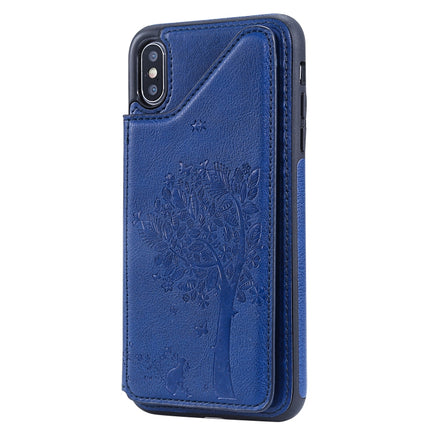 For iPhone XS Max Cat Tree Embossing Pattern Shockproof Protective Case with Card Slots & Photo Frame & Holder(Blue)-garmade.com