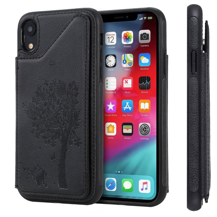 For iPhone XR Cat Tree Embossing Pattern Shockproof Protective Case with Card Slots & Photo Frame & Holder(Black)-garmade.com