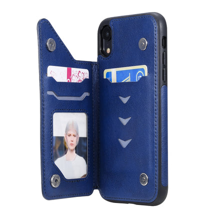 For iPhone XR Cat Tree Embossing Pattern Shockproof Protective Case with Card Slots & Photo Frame & Holder(Blue)-garmade.com