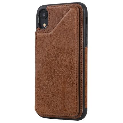 For iPhone XR Cat Tree Embossing Pattern Shockproof Protective Case with Card Slots & Photo Frame & Holder(Brown)-garmade.com