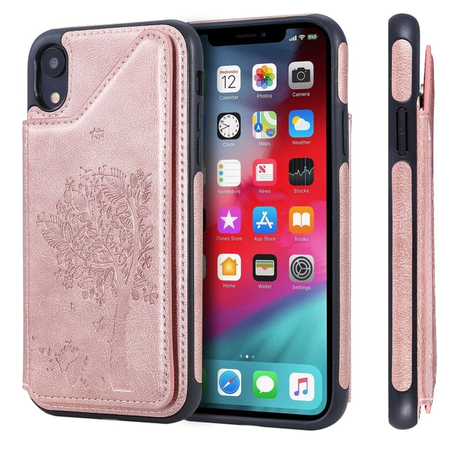 For iPhone XR Cat Tree Embossing Pattern Shockproof Protective Case with Card Slots & Photo Frame & Holder(Rose Gold)-garmade.com