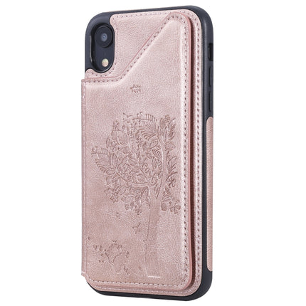 For iPhone XR Cat Tree Embossing Pattern Shockproof Protective Case with Card Slots & Photo Frame & Holder(Rose Gold)-garmade.com
