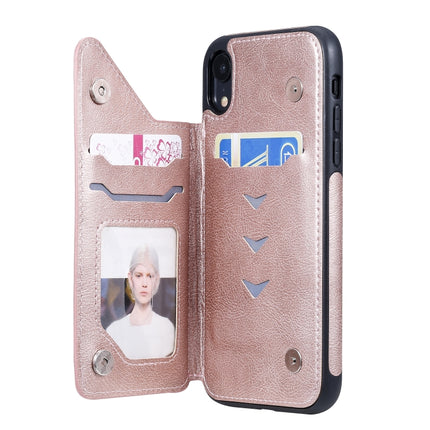For iPhone XR Cat Tree Embossing Pattern Shockproof Protective Case with Card Slots & Photo Frame & Holder(Rose Gold)-garmade.com