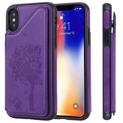 For iPhone XS / X Cat Tree Embossing Pattern Shockproof Protective Case with Card Slots & Photo Frame & Holder(Purple)-garmade.com