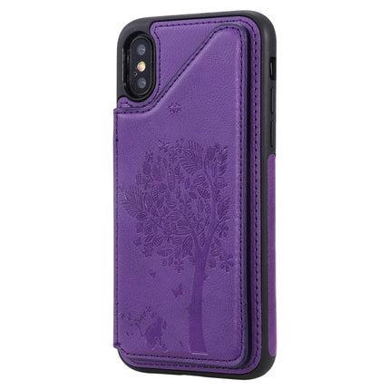 For iPhone XS / X Cat Tree Embossing Pattern Shockproof Protective Case with Card Slots & Photo Frame & Holder(Purple)-garmade.com