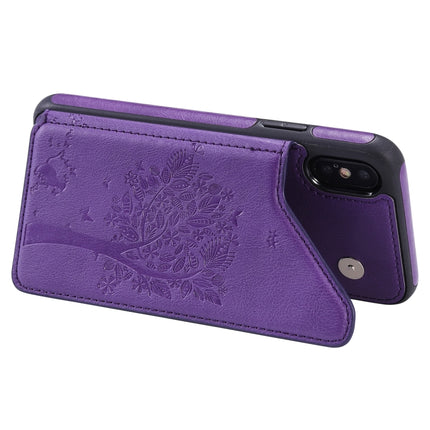 For iPhone XS / X Cat Tree Embossing Pattern Shockproof Protective Case with Card Slots & Photo Frame & Holder(Purple)-garmade.com