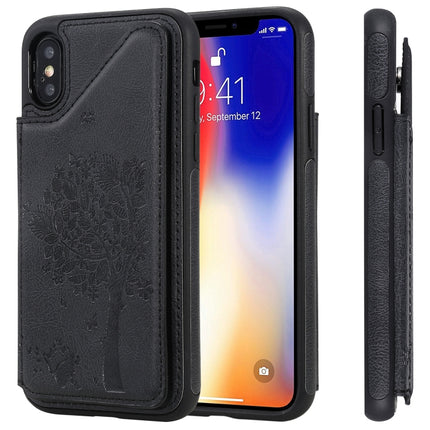 For iPhone XS / X Cat Tree Embossing Pattern Shockproof Protective Case with Card Slots & Photo Frame & Holder(Black)-garmade.com