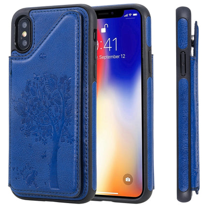 For iPhone XS / X Cat Tree Embossing Pattern Shockproof Protective Case with Card Slots & Photo Frame & Holder(Blue)-garmade.com