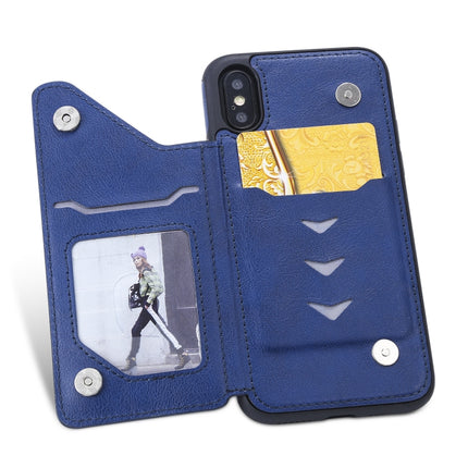 For iPhone XS / X Cat Tree Embossing Pattern Shockproof Protective Case with Card Slots & Photo Frame & Holder(Blue)-garmade.com