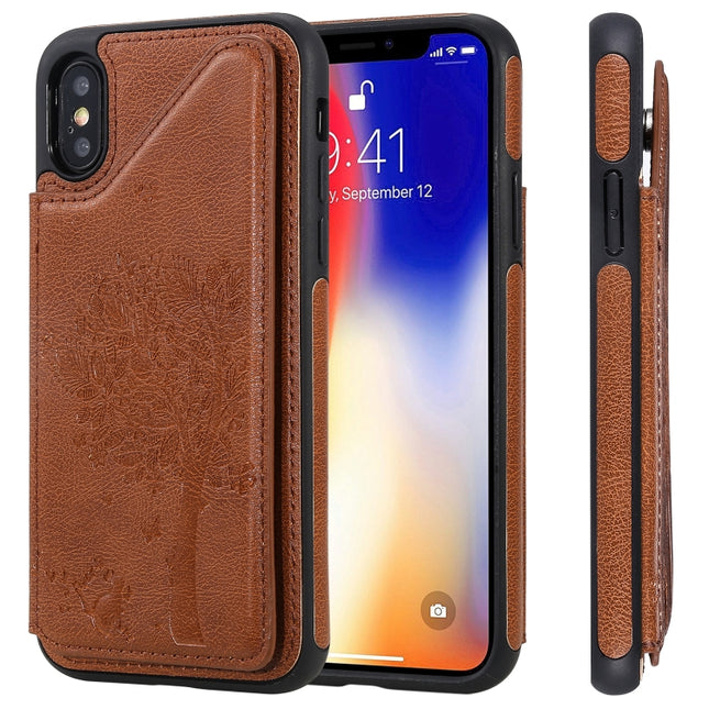 For iPhone XS / X Cat Tree Embossing Pattern Shockproof Protective Case with Card Slots & Photo Frame & Holder(Brown)-garmade.com