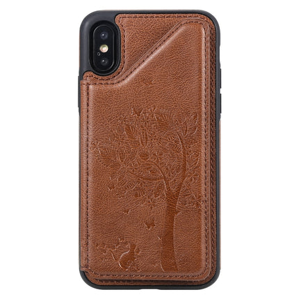 For iPhone XS / X Cat Tree Embossing Pattern Shockproof Protective Case with Card Slots & Photo Frame & Holder(Brown)-garmade.com