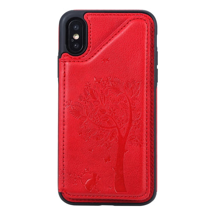 For iPhone XS / X Cat Tree Embossing Pattern Shockproof Protective Case with Card Slots & Photo Frame & Holder(Red)-garmade.com