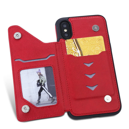 For iPhone XS / X Cat Tree Embossing Pattern Shockproof Protective Case with Card Slots & Photo Frame & Holder(Red)-garmade.com