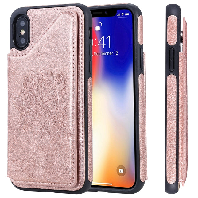 For iPhone XS / X Cat Tree Embossing Pattern Shockproof Protective Case with Card Slots & Photo Frame & Holder(Rose Gold)-garmade.com