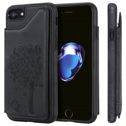For iPhone SE 2020 & 8 & 7 Cat Tree Embossing Pattern Shockproof Protective Case with Card Slots & Photo Frame & Holder(Black)-garmade.com