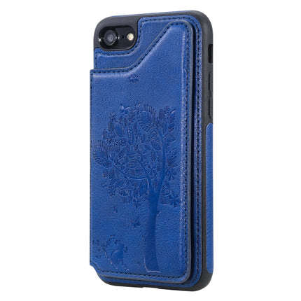 For iPhone SE 2020 & 8 & 7 Cat Tree Embossing Pattern Shockproof Protective Case with Card Slots & Photo Frame & Holder(Blue)-garmade.com