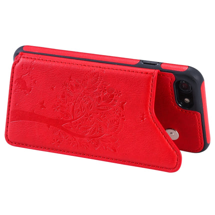 For iPhone SE 2020 & 8 & 7 Cat Tree Embossing Pattern Shockproof Protective Case with Card Slots & Photo Frame & Holder(Red)-garmade.com