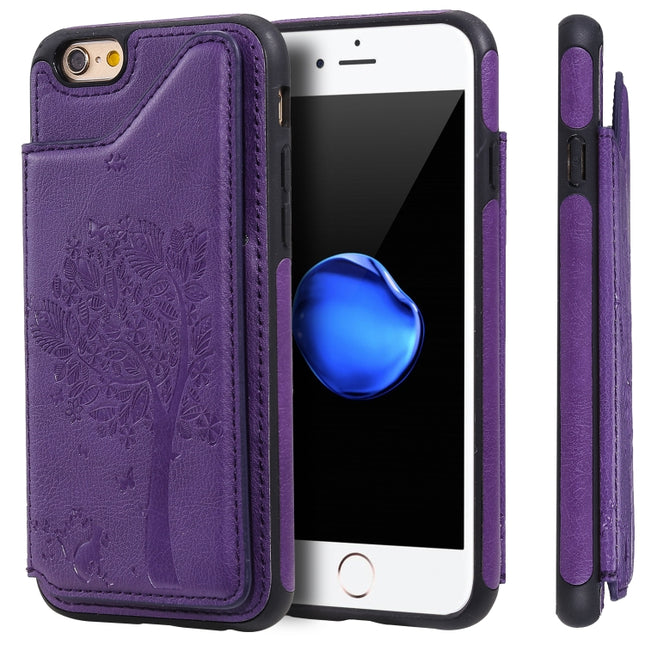 For iPhone 6 & 6s Cat Tree Embossing Pattern Shockproof Protective Case with Card Slots & Photo Frame & Holder(Purple)-garmade.com