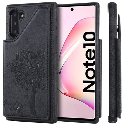 For Galaxy Note 10 Cat Tree Embossing Pattern Shockproof Protective Case with Card Slots & Photo Frame & Holder(Black)-garmade.com