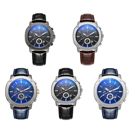 Ochstin 5039C Multifunctional Business Men Watch Luminous Waterproof Leather Quartz Watch(Silver+Gold+Blue)-garmade.com