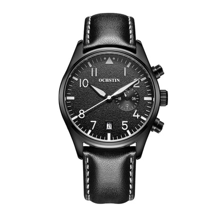 Ochstin 5043C Multifunctional Business Waterproof Leather Strap Quartz Watch(Black+Black+White)-garmade.com